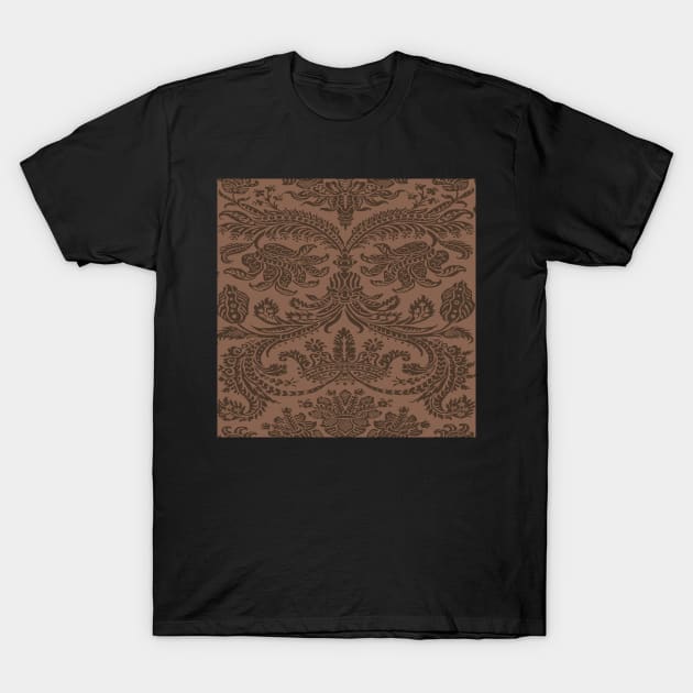 Chocolate Brown on Dark Tan Royal Medieval Damask Scrolls T-Shirt by JamieWetzel